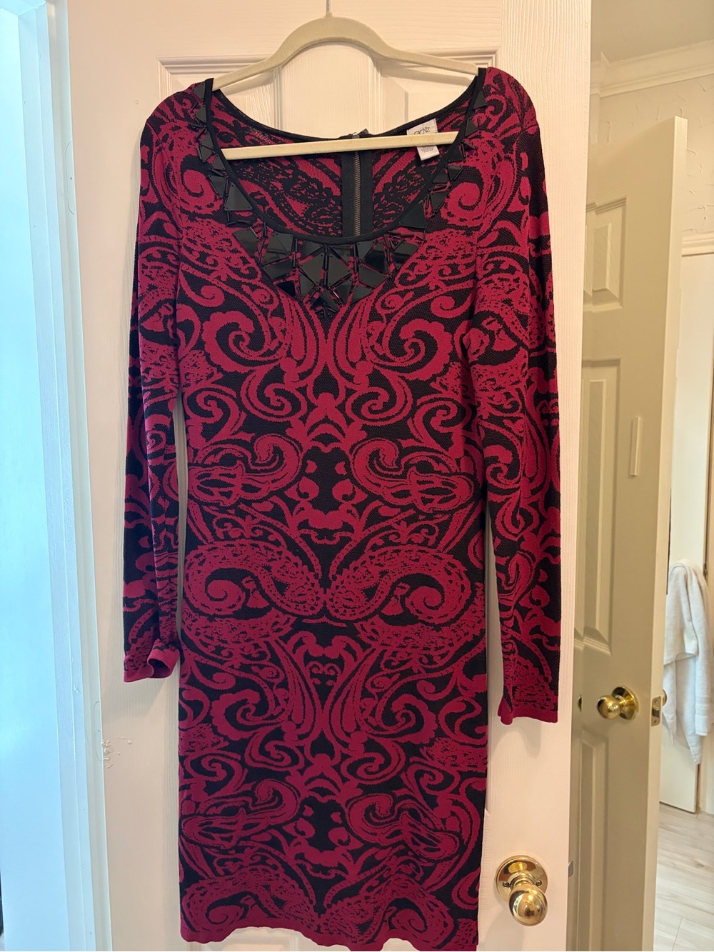Cache Red and Black Long Sleeve Dress with Lattice Neckline